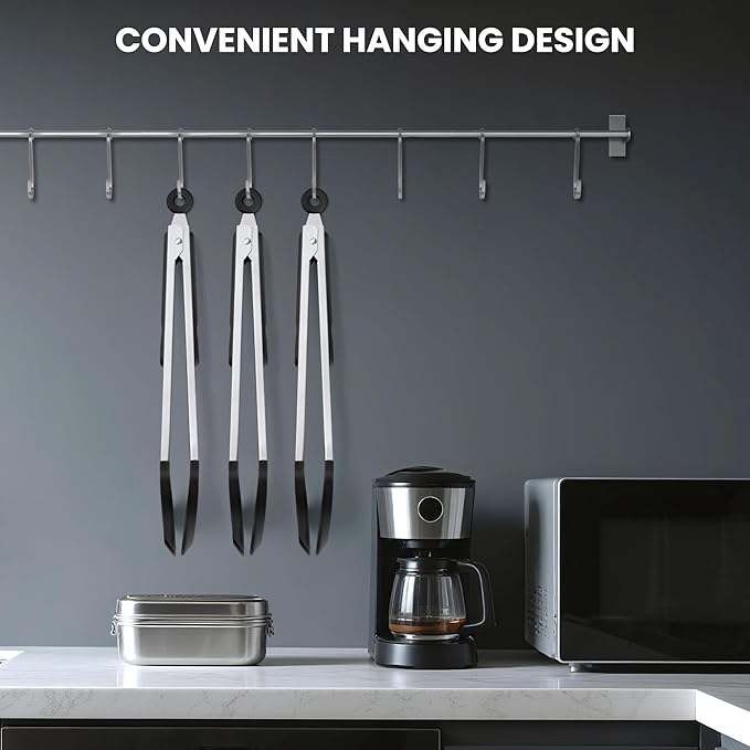 12 Inch Kitchen Tongs for Cooking, 600ºF Heat Resistant Cooking Tongs with Silicone Tip & Measure Spoon, 2-in-1 Silicone Tong for Tossing Salad, Serving Food, Non-Stick & Dishwasher Safe (Black)