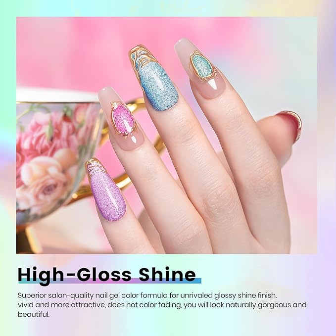RARJSM Neon Diamond Cat Eye Gel Nail Polish Set 6 Colors Velvet Silver Glitter Bright Green Lake Blue Red Rose Purple Gel Polish with Magnet Stick UV LED Curing Requires Soak Off Home Salon Diy-BrightBean Baby