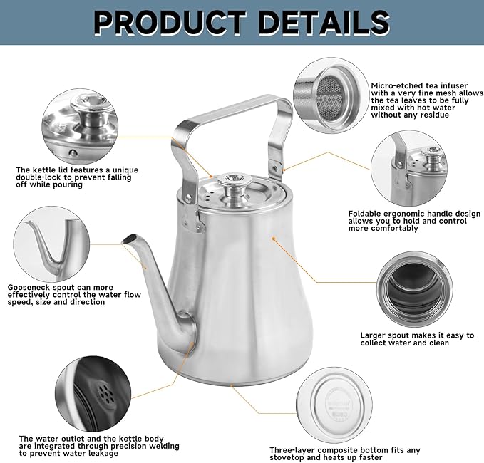 68OZ/2000ML Stainless Steel Teapot with Removable Infuser for Loose Leaf & Tea Bags, Stovetop Safe Tea Maker Water Kettle for Home Kitchen Hotel Restaurant Outdoor, Silver