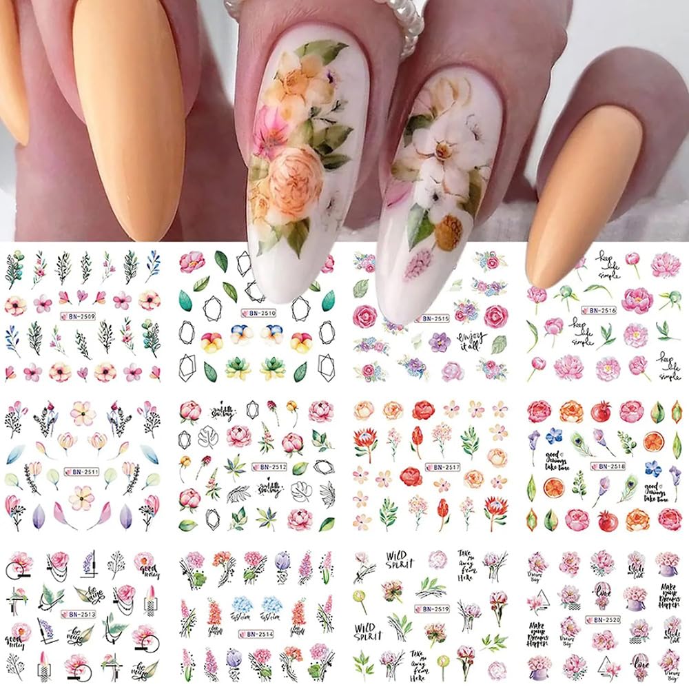12 Sheets Flower Nail Water Transfer Decals, Nail Art Stickers for Women, Holographic Colorful Flower Leaf Patterns Nail Designs Supplies, Acrylic Nails Decorations DIY Resin Nail Decal Tattoos Set-BrightBean Baby