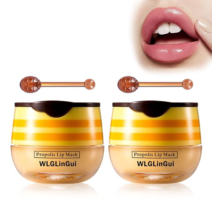 2PCS Bee Lip Balm Honey Pot,Hydrating Lip Moisturizer Cute Honey Pot Lip Balm Lip Scrubs Exfoliator with Wand,Moisturizing Exfoliating Overnight Propolis Lip Sleeping Mask for Men & Women-BrightBean Baby