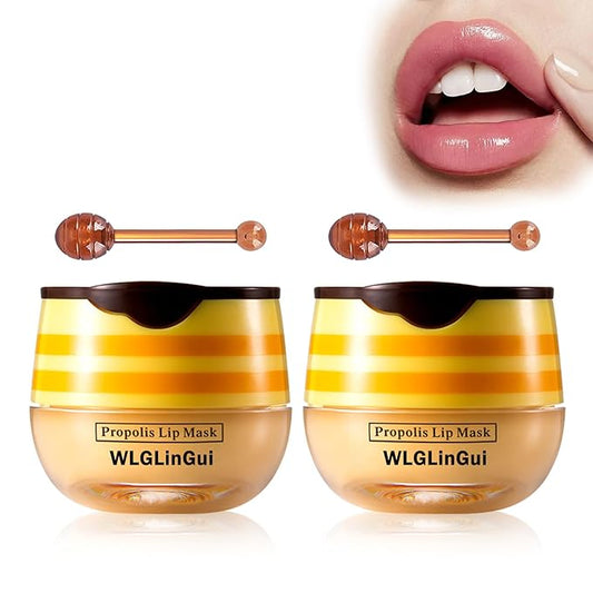 2PCS Bee Lip Balm Honey Pot,Hydrating Lip Moisturizer Cute Honey Pot Lip Balm Lip Scrubs Exfoliator with Wand,Moisturizing Exfoliating Overnight Propolis Lip Sleeping Mask for Men & Women-BrightBean Baby