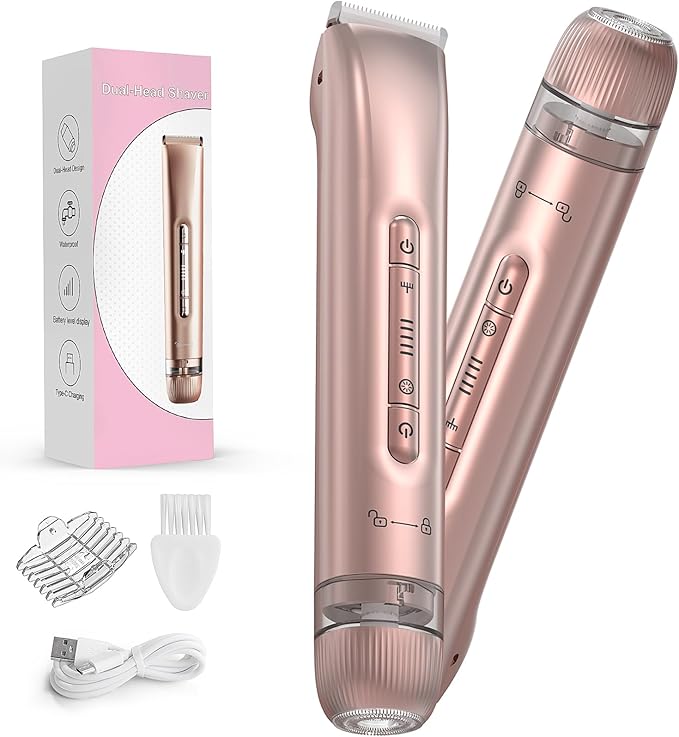 Bikini Trimmer for Women - 2 in 1 Electric Body Hair Trimmer for Silky Skin, Cordless Body Shaver for Travel, IPX7 Waterproof & Easy to Clean, Replaceable Ceramic Blade Heads, Rose Gold-BrightBean Baby