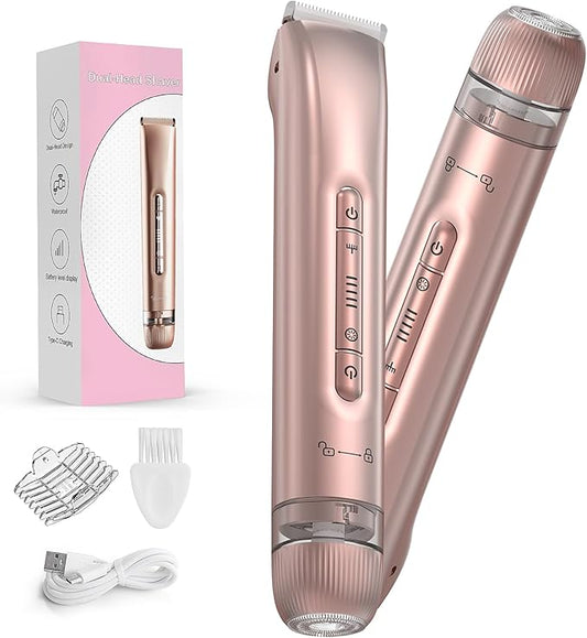 Bikini Trimmer for Women - 2 in 1 Electric Body Hair Trimmer for Silky Skin, Cordless Body Shaver for Travel, IPX7 Waterproof & Easy to Clean, Replaceable Ceramic Blade Heads, Rose Gold-BrightBean Baby