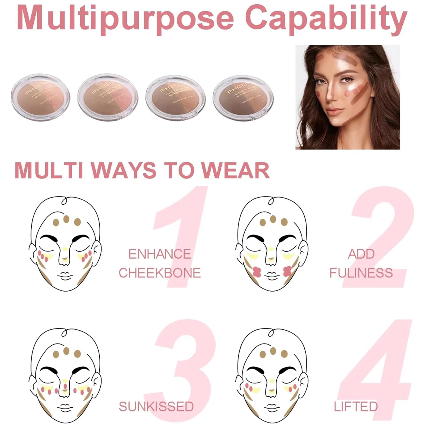 Baked Blush Highlight Bronze Powder 3-in-1 Contour Palette Sculpt Satin Silky Smooth Makeup Palettes Powder (002-Light)-BrightBean Baby