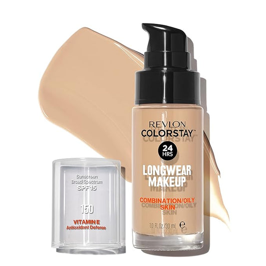 Revlon Liquid Foundation, ColorStay Face Makeup for Combination & Oily Skin, SPF 15, Longwear Medium-Full Coverage with Matte Finish, Buff (150), 1.0 Oz-BrightBean Baby