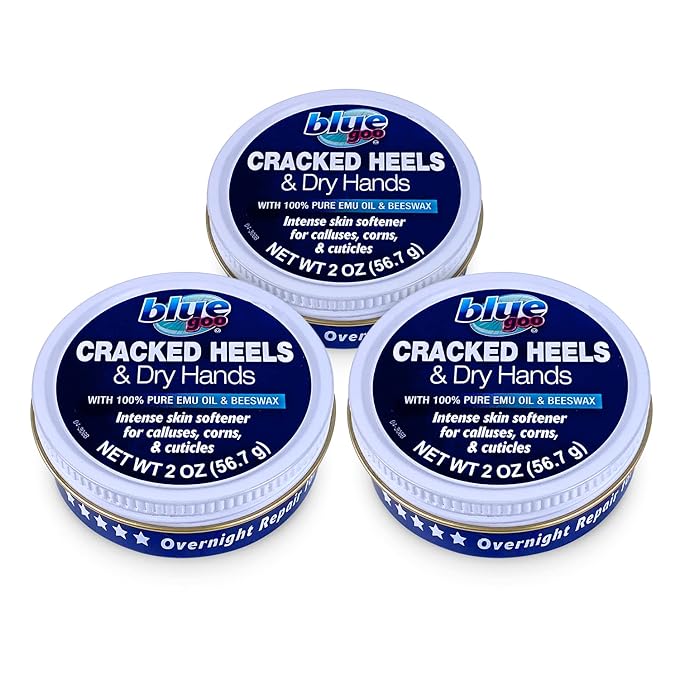 Blue Goo Cracked Heels & Dry Hands Intense Skin Softener - for Calluses, Corns & Elbow Dryness Relief, Fast- Penetrating Hydrating Moisturizer, Made w/ 100% Pure Emu Oil & Beeswax, 2 oz (3 Pack)-BrightBean Baby