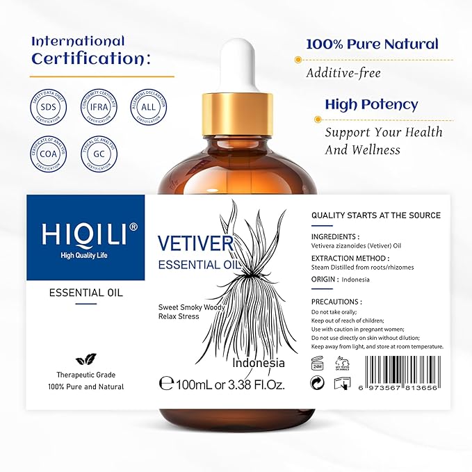 HIQILI 100ML Vetiver Essential Oil, 100% Pure Natural for Diffuser Calm and Relation- 3.38 Fl Oz-BrightBean Baby