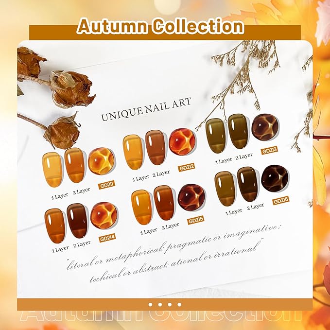 JODSONE 6 Colors Gel Nail Polish Set Fall Collection Jelly Effect Soak Off Need U V LED Gel Polish Set Autumn Mauve Brown RedSalon-Quality DlY Home Manicure-BrightBean Baby