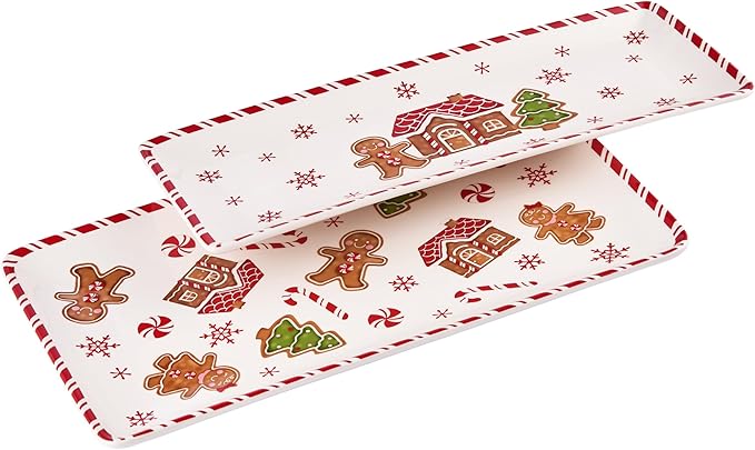 Bico Traditional Gingerbread Man Ceramic 14 inch Rectangular Serving Platter, Set of 2, for Serving Salad, Pasta, Cheese, Ham, Appetizer, Microwave & Dishwasher Safe