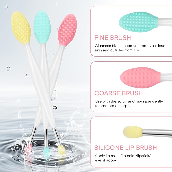 Unaone Lip Scrub Brush - 3 PCS Dual-ended Lip Scrubber Exfoliator and Silicone Lip Brush, 2-in-1 Silicone Lip Scrub Tool Lip Mask Applicator, Gentle Exfoliator & Applicator for Soft-BrightBean Baby