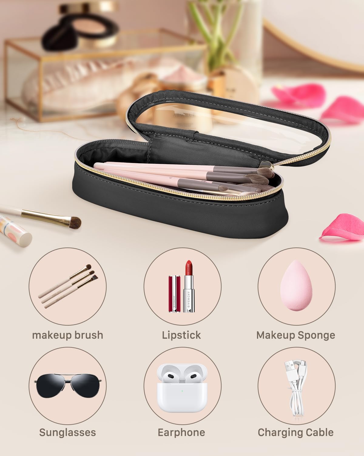 Clear Travel Makeup Brush Holder, Leather Makeup Brush Toiletry Bag, Portable Cosmetic Brush Case, Transparent Waterproof Makeup Brush Storage Bag, Black-BrightBean Baby
