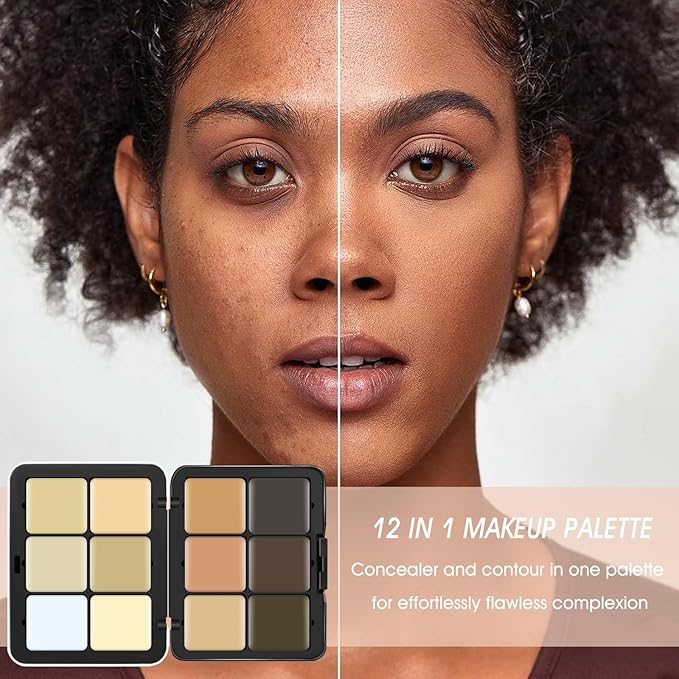 12 Colors Cream [Contour+Concealer] Makeup Palette for Cheeks - Multi-functional Makeup Palette with Brush, Natural Matte Long Wearing, Waterproof Blendable Face Makeup Palette (#03)-BrightBean Baby