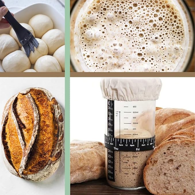 9" Round and 10" Oval Banneton Baskets with Scrapers, Bread Lame, E-Book with Recipes, Glass Jar with Strips, Labels & Chalk Pen, Spatula, Silicone Brush, Dough Whisk, Bread Bag & Heated Proofing Box