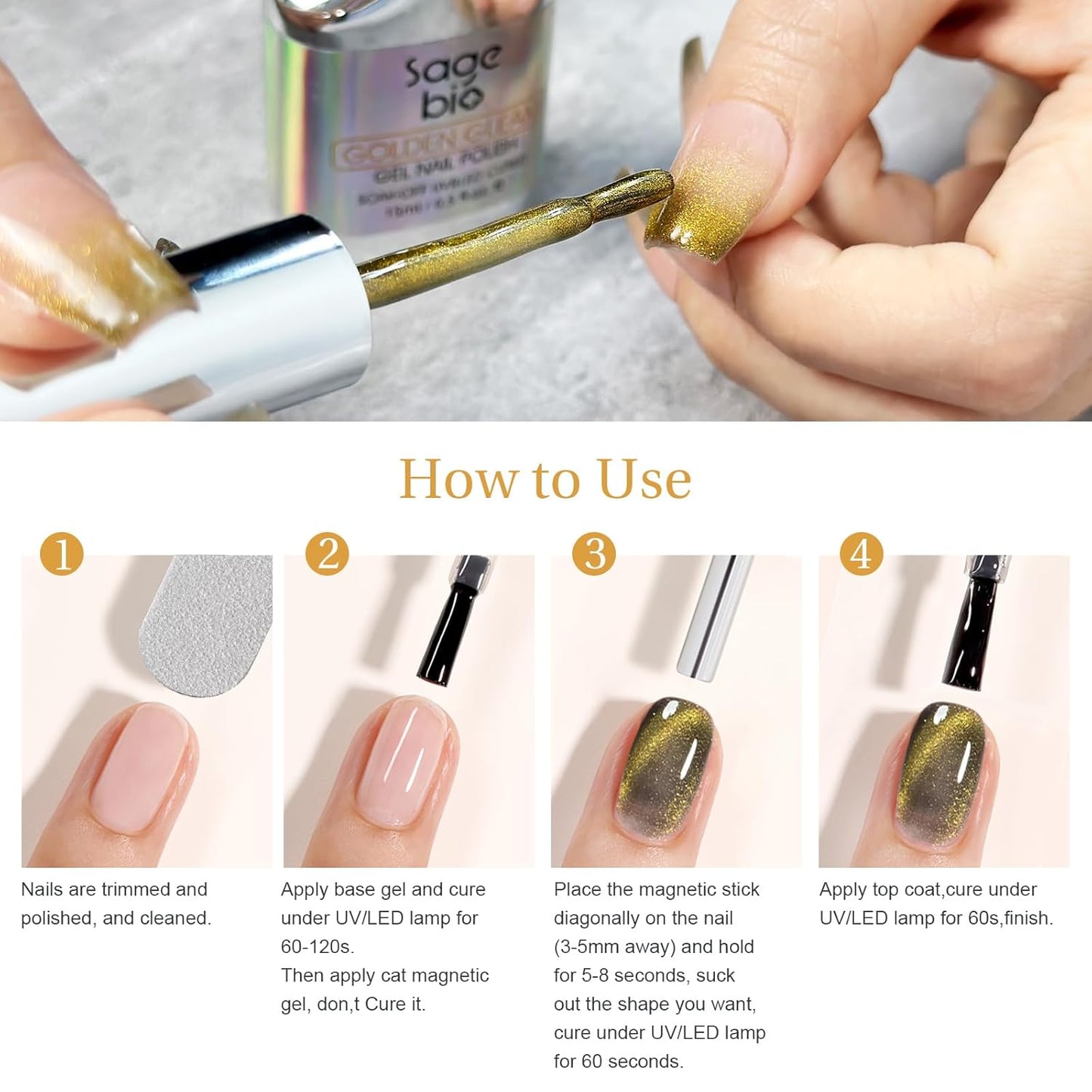 Cat Eye Gel Nail Polish with Magnet Stick, 15ml Glitter Holographic Nail Polish, Magnetic Effect Gel for Home DIY Manicure Gift, Champagne Gold-BrightBean Baby