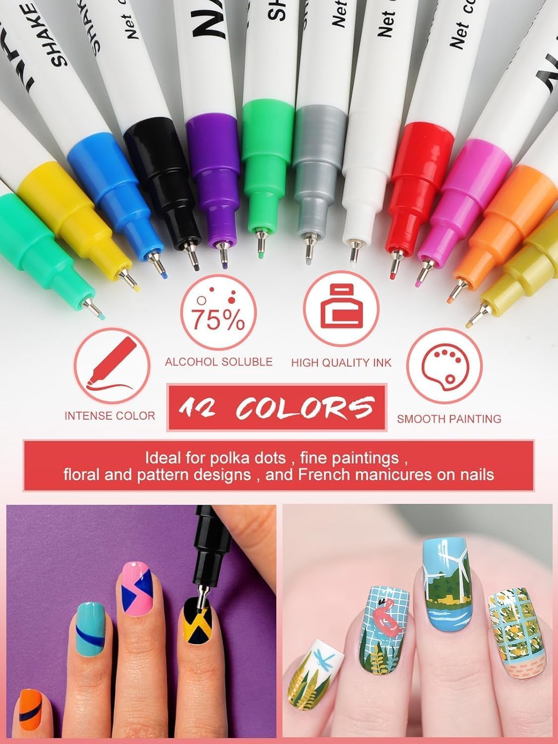 12 Color 3D Nail Art Pens Set, Kalolary Nail Point Graffiti Dotting Pen Drawing Painting Liner Brush for DIY Nail Art Beauty Adorn Manicure Tools-BrightBean Baby