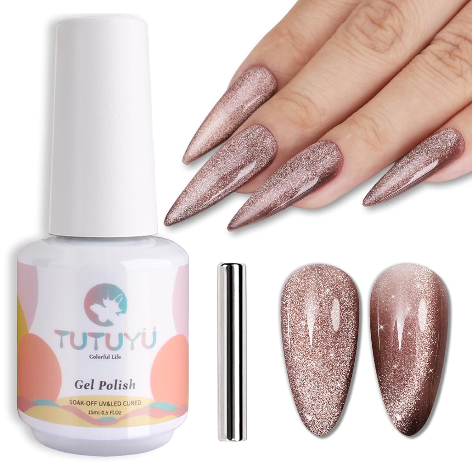 Cat Eye Gel Nail Polish, Crystal Galaxy Holographic Brown Cateye Gel Polish with Magnet, Silver Shimmer Glitter Velvet Soak Off UV LED Home Diy Manicure Fall Winter Colors GP0101-BrightBean Baby