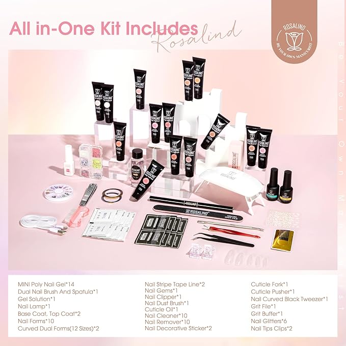 ROSALIND Poly Nail Gel Kit -14 Colors +72 Nail Art Accessories kit Nude Pink Poly Nails Gel Kit Starter Kit with Mini UV Lamp Slip Solution Basic Poly Nail Art Tools for Beginners with Everything-BrightBean Baby