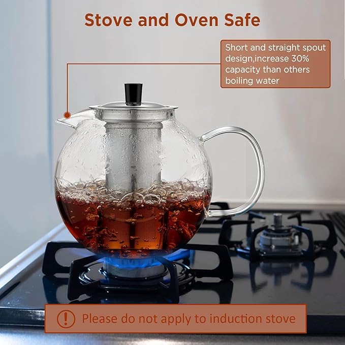 1500ml Glass Teapot with Removable Stainless Infuser(50oz), Ehugos Stovetop Safe Large Tea Pot, Hand Crafted Kettle for Women and Adult, for Loose Leaf Tea, Hot and Iced Water, Juice Beverage