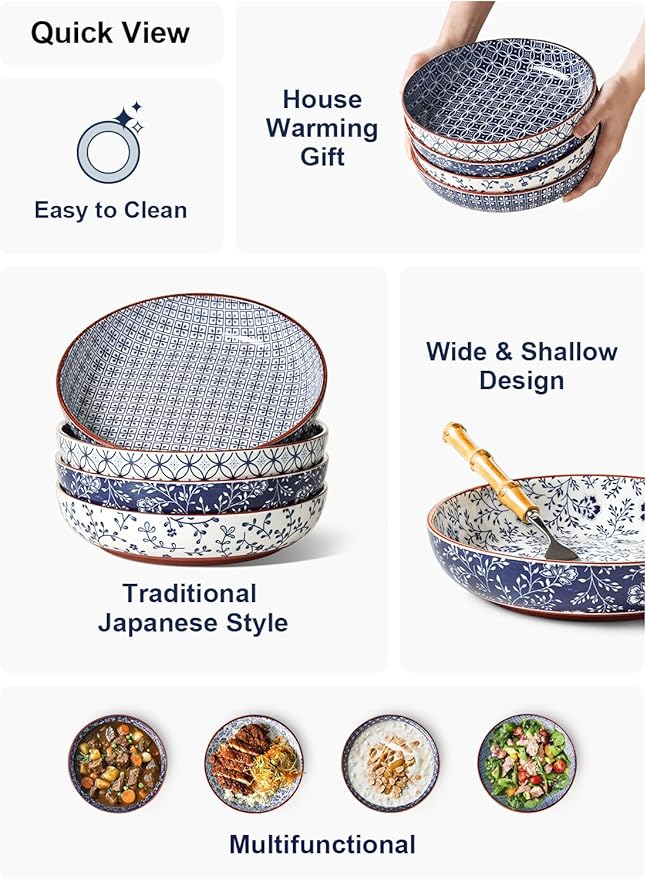 LE TAUCI Pasta Bowl 32 oz, Salad Bowl Serving Plate Bowls, Housewarming Wedding Present, Japanese-Style Ceramic Bowls for Pasta, Fruits, Salad, Noodle, Dinner - 8.2 Inch, Set of 4, Vintage Blue