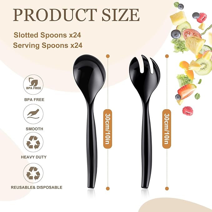 Mwellewm 48 Pcs Serving Spoons 10'' Large Plastic Serving Utensils Set Slotted Disposable Serving Forks Heavy Duty Black Party Supplies for Buffet Restaurant Dinner Salad Noodles Soup