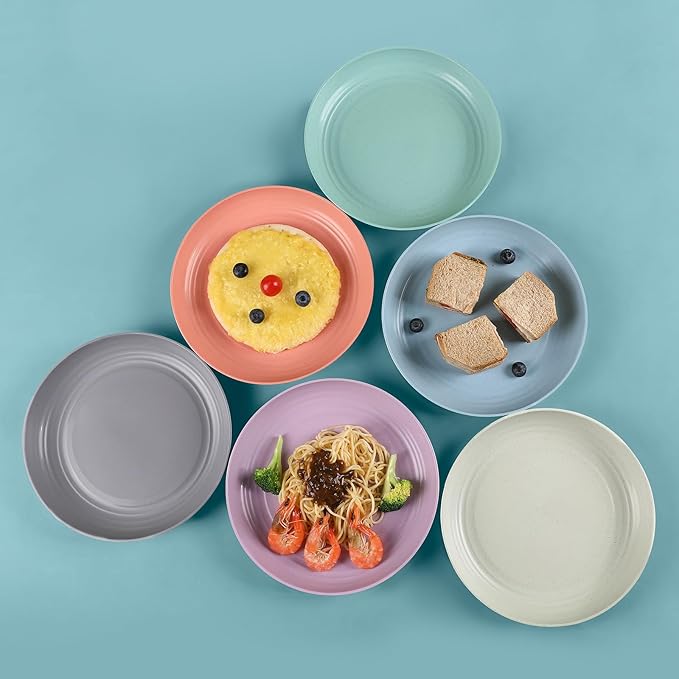 12 Pcs Unbreakable Deep Dinner Plates Set, 9 inch Reusable Plastic Wheat Straw Plates, Microwave and Dishwasher Safe Plate for Kitchen, Lightweight Plate for Dessert, BPA Free, 6 Colors