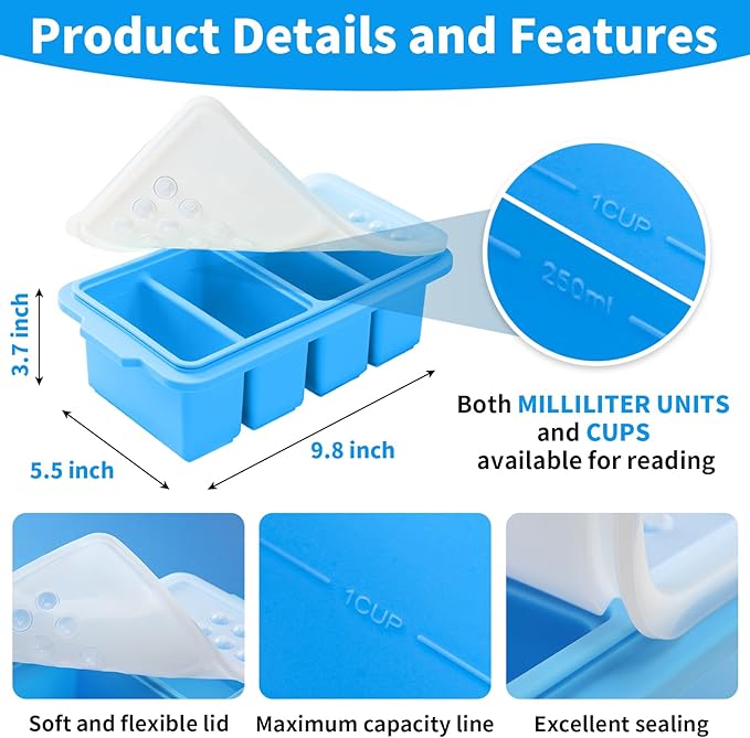 1 Cup Silicone Freezer Tray Ice Cubes with Lids and Date Mark for Storing Lasagna Leftovers Sauces Portioned Meals and More, Silicone Soup Freezer Molds for Meal Prepping 2 Pack Blue