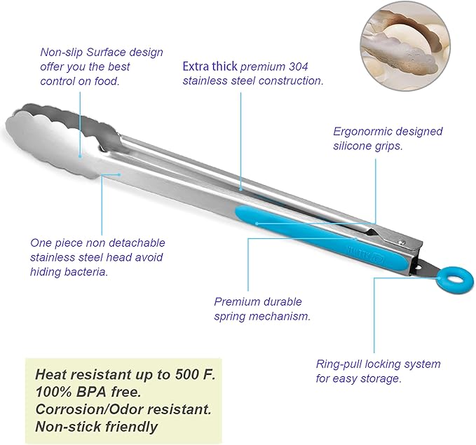 304 Stainless Steel Kitchen Cooking Tongs,9" and 12" Set of 4 Sturdy Grilling Barbeque Brushed Locking Food Tongs with Ergonomic Grip, Blue
