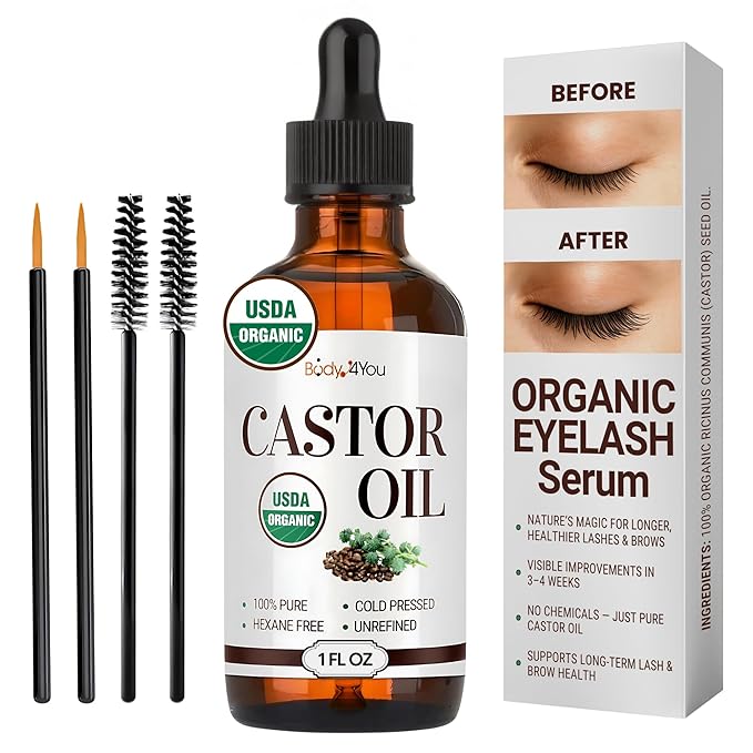 BodyJ4You Organic Castor Oil for Hair Growth: Natural Eyelashes Serum for Lashes and Eyebrows - Glass Bottle 1 Fl Oz-BrightBean Baby