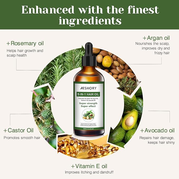Aeshory Hair Oil - 5 IN 1 Hair Care Oil with Rosemary, Castor, Argan, Vitamin E, and Avocado for Hair Growth and Strengthening - Nourishing and Volumizing 3.38 fl oz-BrightBean Baby