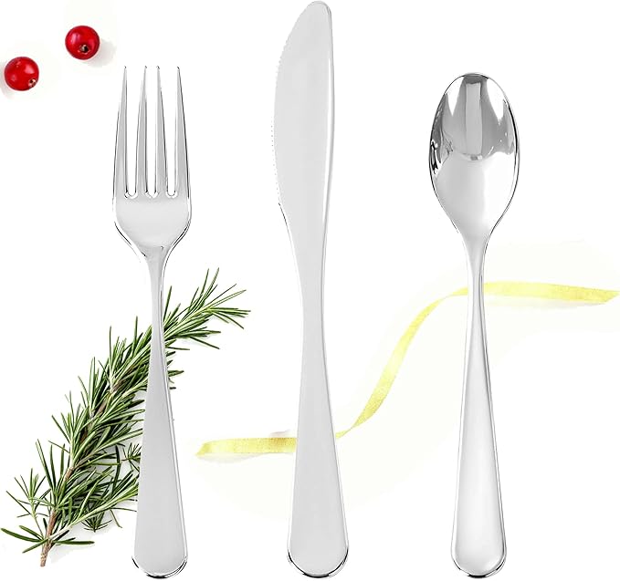 150 PCS Silver Plastic Silverware - Silver Plastic Flatware Disposable - Heavy Duty Disposable Utensils Sets Includes 50 Forks, 50 Spoons, 50 Knives for Party & Wedding