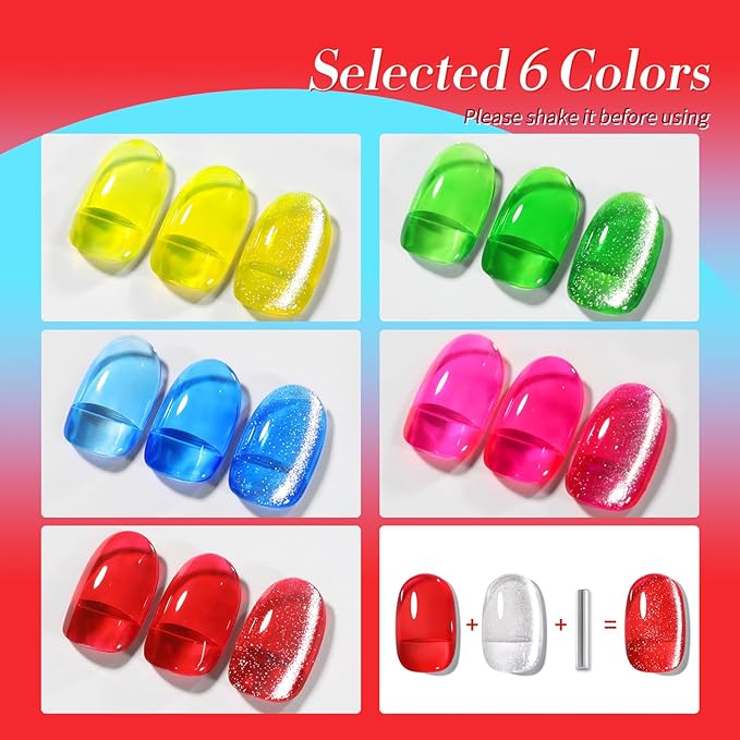 Born Pretty Neon Jelly Gel Nail Polish Glass Crystal Spring Summer Transparent Ice Jelly Gel Polish with Silver Holographic Glitter Cat Magnetic Eye Gel Polish Collection Minicure DIY Gifts 6PCS-BrightBean Baby