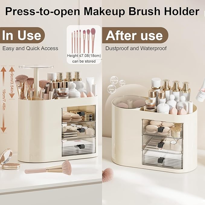 DASITON Makeup Organizer with 3 Drawers,Automatic Lifting Makeup Brush Holder with Lid,Large Capacity Makeup Organizers for Vanity,Bathroom Countertop,Ideal Storage Skin Care,Brushes,Lipstick (Cream)-BrightBean Baby