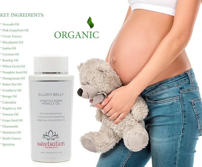 Sweetsation Therapy- Organic EllastiBelly Stretch Mark Miracle Oil, 4oz. Stretch Marks Prevention in Pregnancy With Omega 3,6,9, Vitamins,Amino Acids, 30+ Extracts to Boost Elasticity-BrightBean Baby