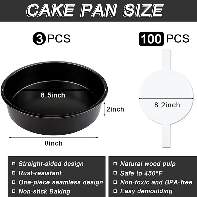 8-Inch Cake Pan Set of 3, Non-stick Baking Layer Cake Pans with 100 Pieces Parchment Paper, Dishwasher Safe Baking Pans (Round)