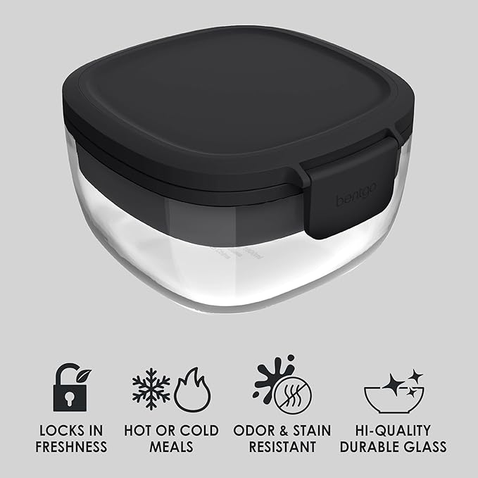 Bentgo Glass All-in-One Salad Container - Large 61-oz Salad Bowl with Lid, 4-Compartment Bento-Style Tray, 3-oz Sauce Container, and Reusable Fork - Dishwasher, Microwave, and Oven Safe (Black Onyx)