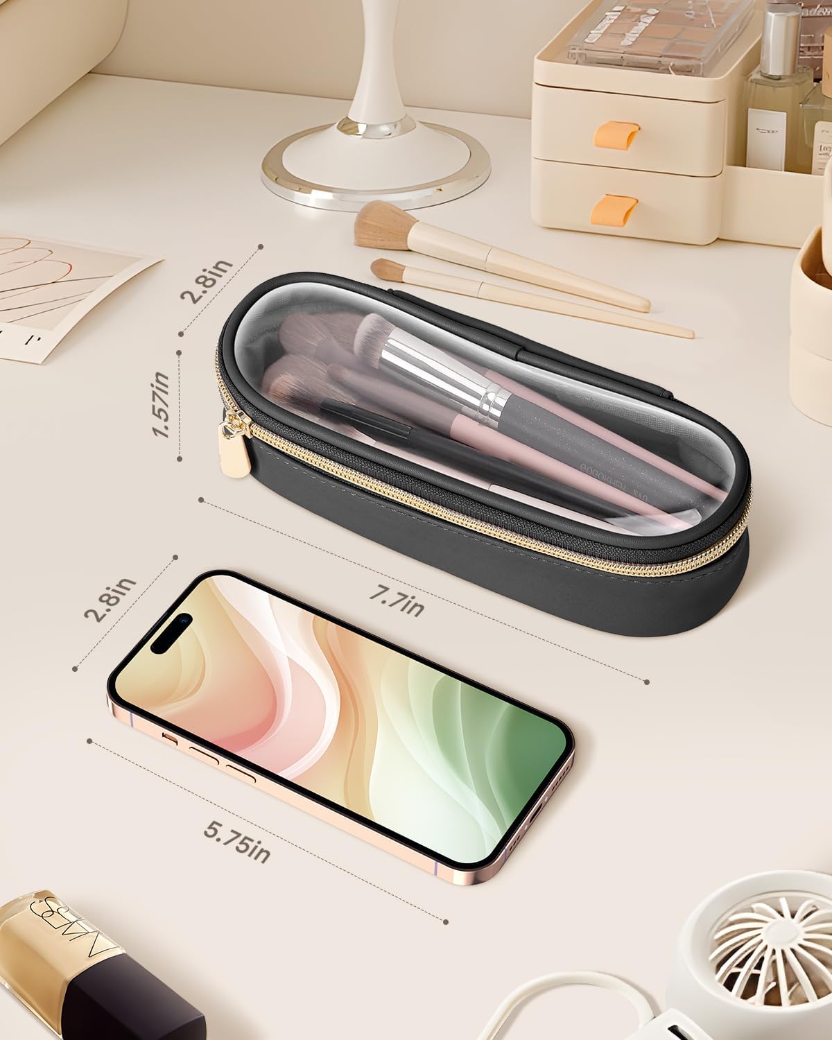 Clear Travel Makeup Brush Holder, Leather Makeup Brush Toiletry Bag, Portable Cosmetic Brush Case, Transparent Waterproof Makeup Brush Storage Bag, Black-BrightBean Baby