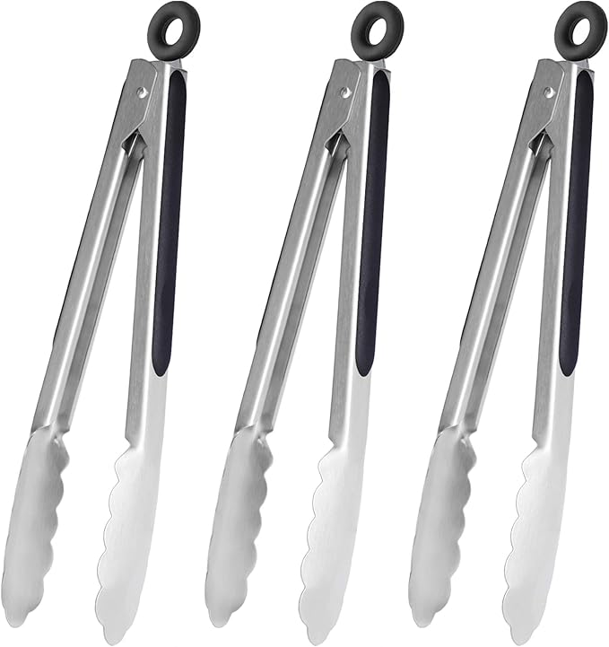 Stainless Steel Kitchen Tongs 9-Inch Cooking Tongs, Set of 3