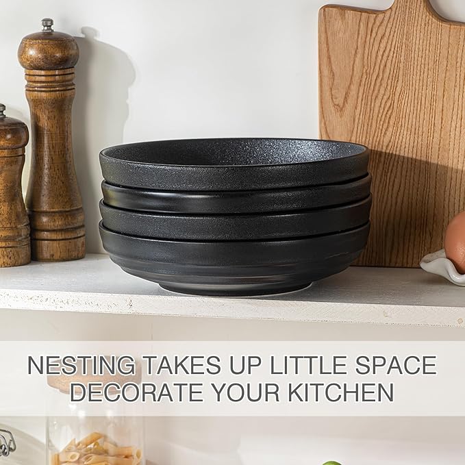 HAPPY KIT 9'' Large Pasta Bowls Stoneware Reactive Glaze, 42 Oz Large Salad Bowls Set of 4, Serving Bowls, Microwave Dishwasher Safe, Matte Black