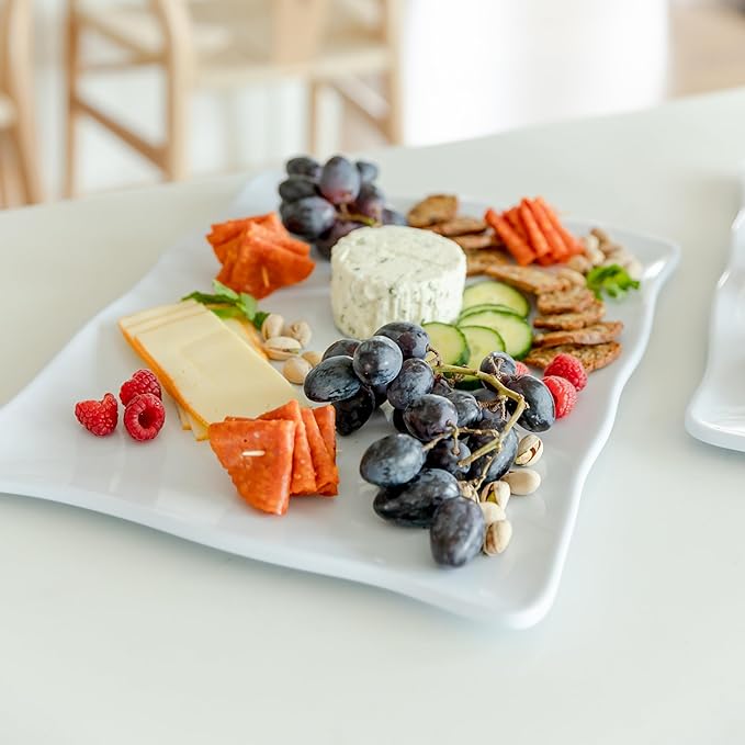 Large Melamine Tray 15" x 11" - Rectangular White Serving Tray and Platter for Food, Appetizers, Cookies, Grill or Party Snacks - Dishwasher Safe - Set of 2