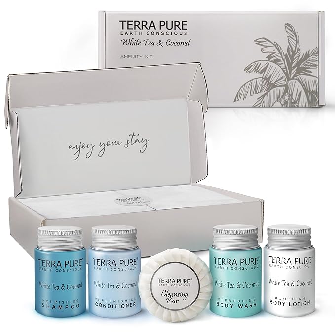 Terra Pure White Tea and Coconut Amenity Kit | Hotel Toiletries | 1oz Travel Size Shampoo, Conditioner, Lotion, Body Wash & Cleansing Bar for Guest Hospitality AirBnB/Vacation Rentals | 1 set/case-BrightBean Baby