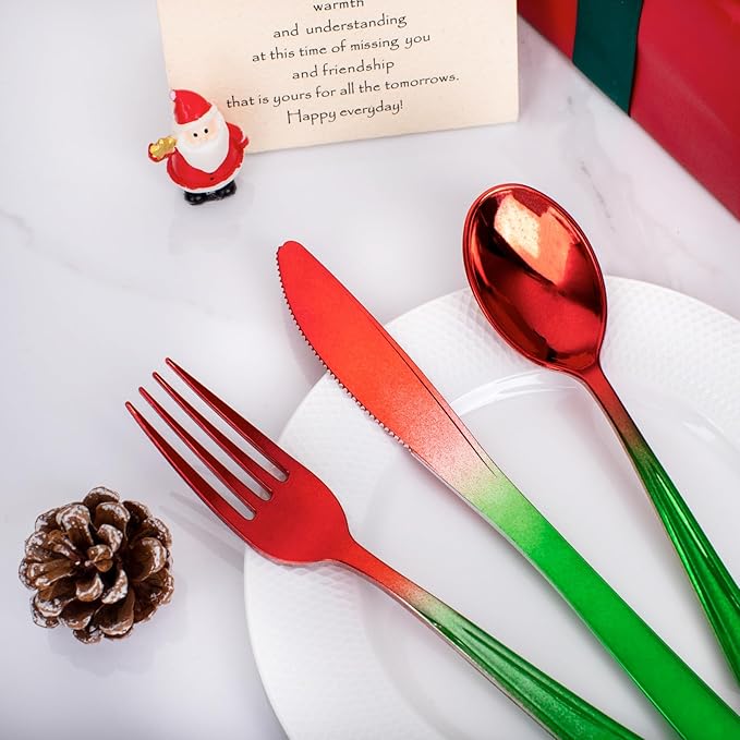 Liacere 200PCS Christmas Plastic Silverware - Red and Green Plastic Silverware include 100PCS Red and Green Forks, 50PCS Red and Green Knives, 50PCS Red and Green Spoons for Christmas