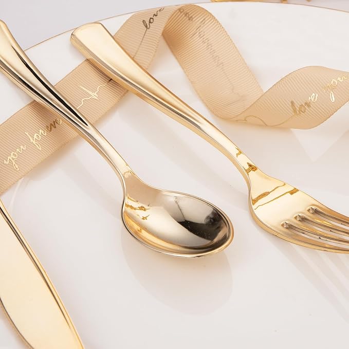 Liacere 200Pcs Gold Plastic Silverware-Gold Plastic Cutlery - Disposable Silverware include 100 Forks 50 Spoons 50 Knives Perfect for Parties&Weddings&Restaurants&Thanksgiving&Fall Decor