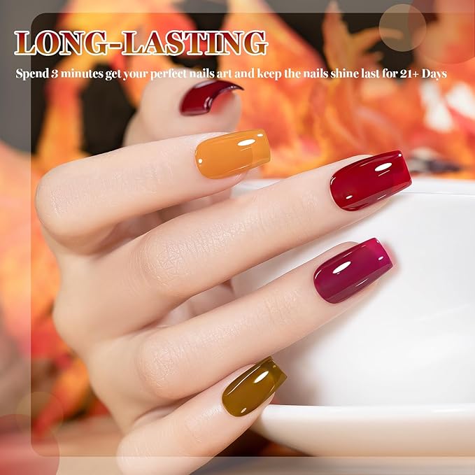 RARJSM Jelly Stained Glass Gel Nail Polish Set 6pcs Clear Amber Yellow Cherry Red Orange Olive Green Crystal Transparent Series Sheer Gel Varnish Curing Requires Soak off Home Salon French Manicure-BrightBean Baby