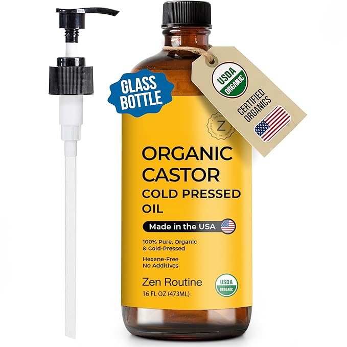 Zen Routine New (Glass Bottle) Organic Castor Oil 16oz – Hexane Free – Hair Growth Oil, Eye Lashes & Stomach, 100% Cold Pressed Unrefined Pure for Castor Pack Wrap – USDA Certified, Made in the USA-BrightBean Baby