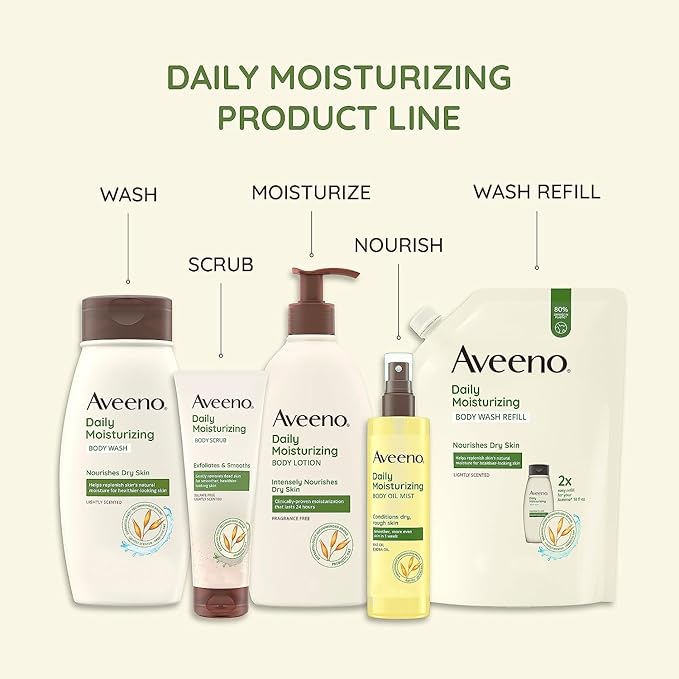 Aveeno Daily Moisturizing Body Lotion for Dry Skin with Prebiotic Oat, Fragrance & Paraben Free, Non-Greasy, Non-Comedogenic, for Sensitive Skin & 72-Hour Moisturizer 18 Fl Oz-BrightBean Baby