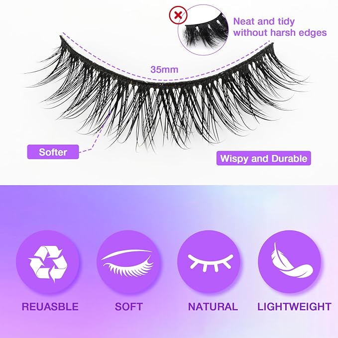 Wispy False Eyelashes Kit With Bond, Seal and Tweezer, 7 Pairs Natural Look Fake Cat Eye Lashes Strips Thin Band Extensions Waterproof Easy Eyelashes for Beginners RQ01-BrightBean Baby