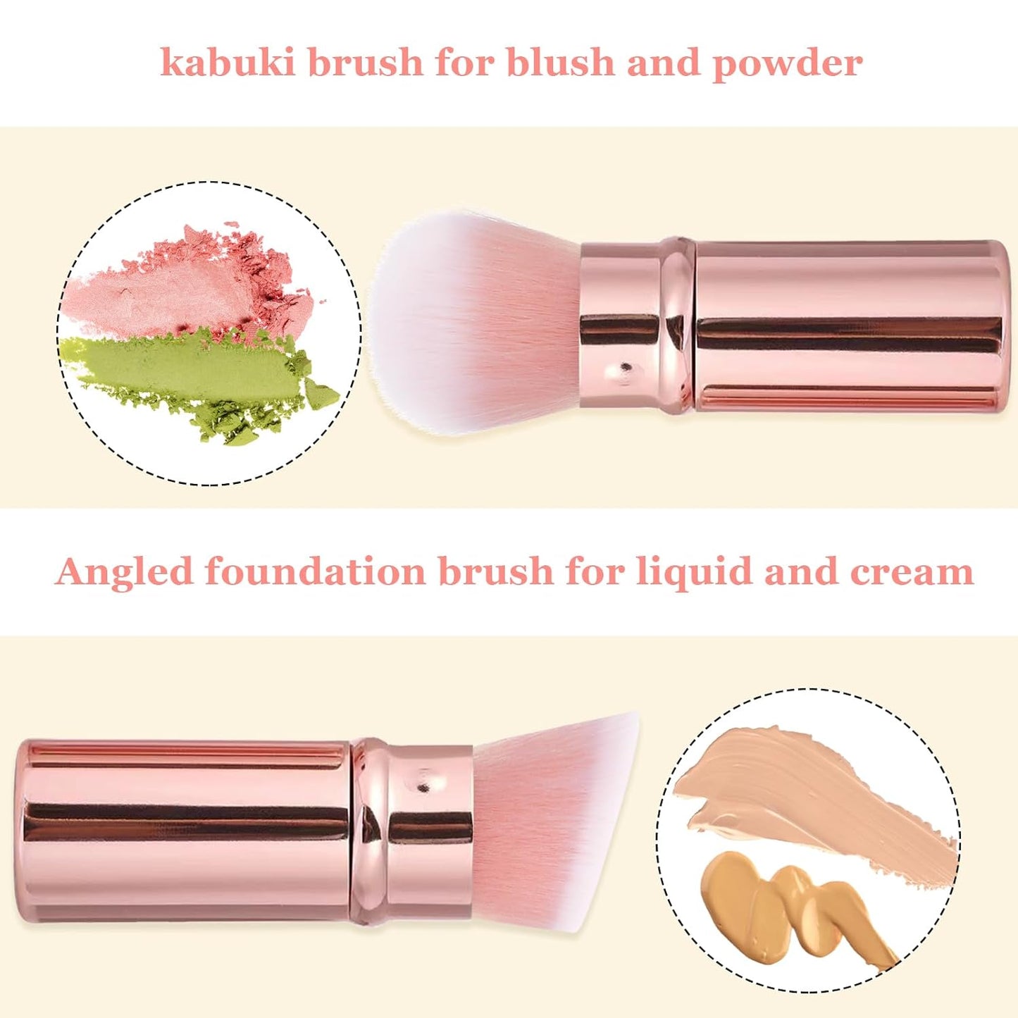 Retractable Makeup Brush 2 Pack, Travel Kabuki Powder Makeup Brush, Foundation Face Blush Brushes for Blending Liquid, Blush, Bronzer, Buffing, Sunscreen,Flawless Cosmetics-BrightBean Baby