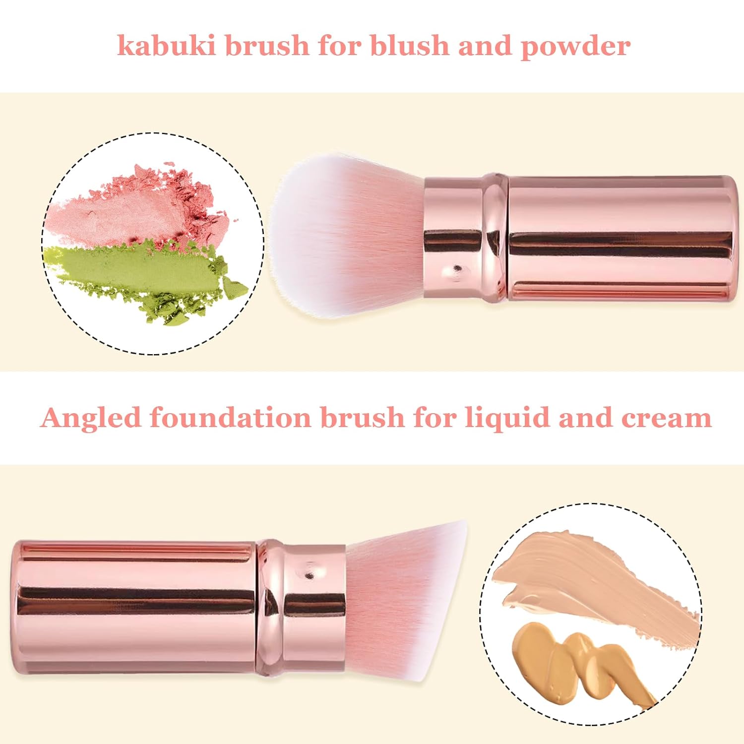 Retractable Makeup Brush 2 Pack, Travel Kabuki Powder Makeup Brush, Foundation Face Blush Brushes for Blending Liquid, Blush, Bronzer, Buffing, Sunscreen,Flawless Cosmetics-BrightBean Baby
