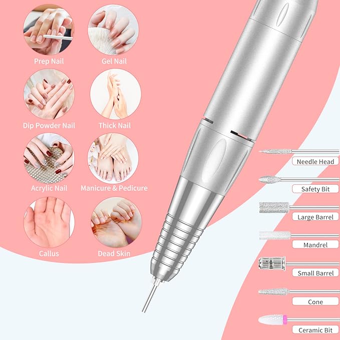 Portable Nail Drill Professional 35000 RPM, MOCOWIND Rechargeable Electric Nail File Machine for Acrylic Nails Gel Polishing Removing, Cordless E-File with Bits Kit for Manicure Salon Home, White-BrightBean Baby